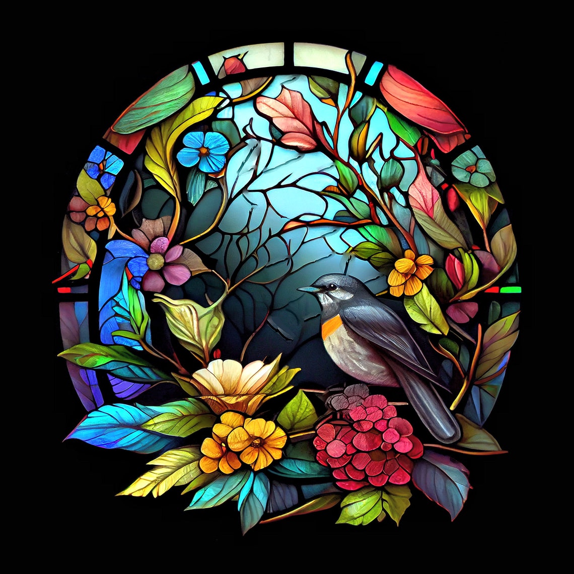 Bird and Flower Stained Glass Pattern Print, Download Digital Art
