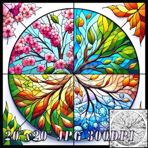 Four Season Floral Stained Glass Style Print, Download Digital Art, up to 20&quot;x20&quot;, 300DPI, Nature Lover Wall Art, Coloring Book Sheet