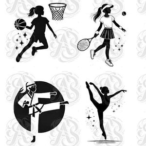 Pacote de adesivos imprimíveis All-Star Girls – Silhuetas de meninas | Tema esportivo | Baixe JPG Adesivos digitais DIY, arte de parede, capas de livros, pôsteres