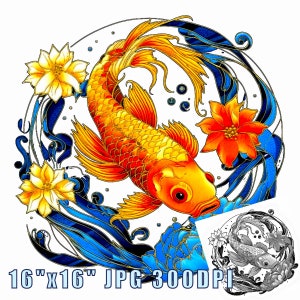 Koi Fish Floral Embroidery Design Print DIY Hand Embroidery JPG Digital Download Adjustable 16"x16" Koi Wall Art Print