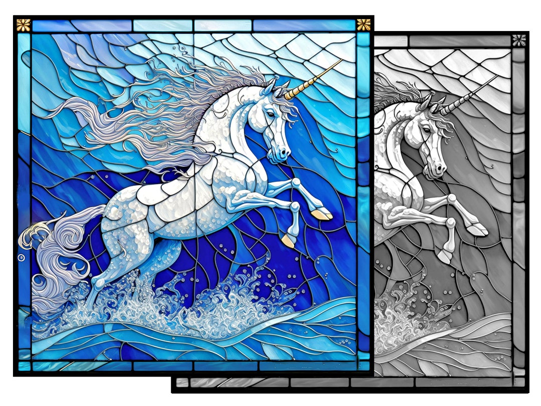 Unicorn Stained Glass Pattern Print, Download Digital Art, Adjustable