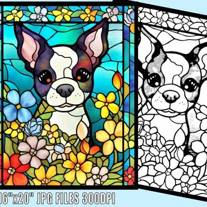 Impresión de vitral floral de cachorro, descarga digital, arte de perro bebé, ajustable a 40 x 50 cm, 300 DPI, libro para colorear de perros.