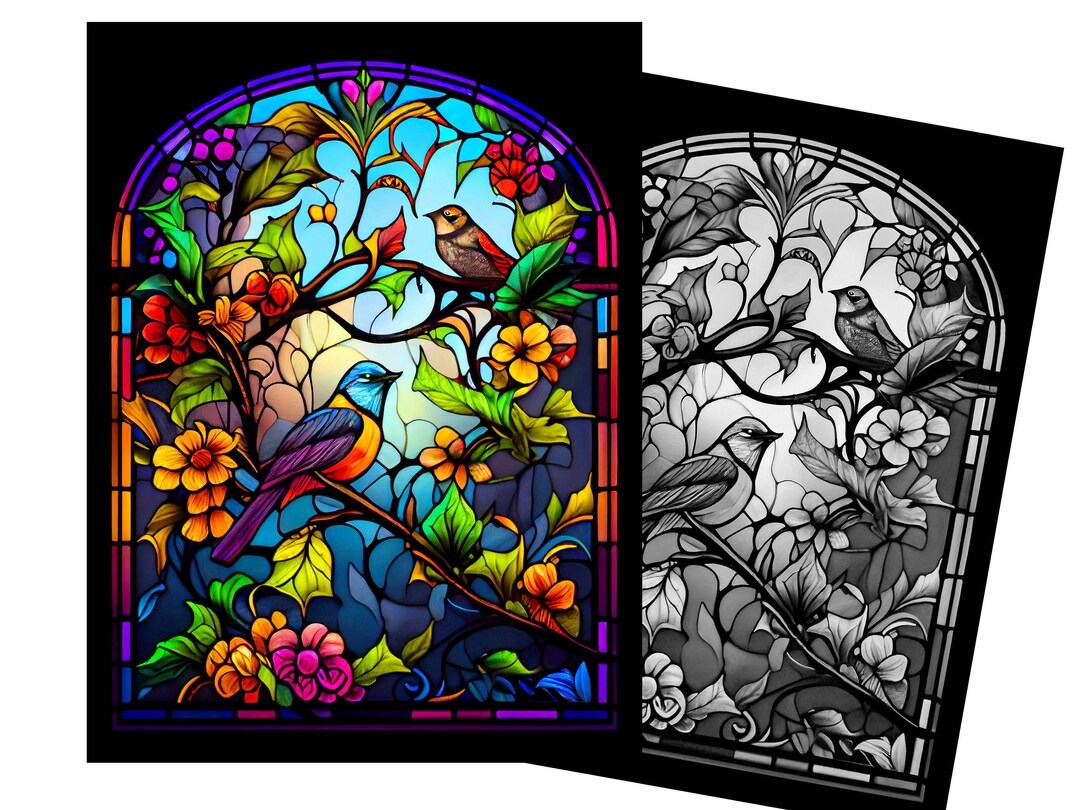 Bird Floral Stained Glass Style Print, Download Digital Art, Adjustable ...