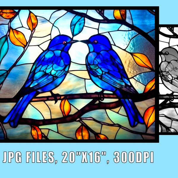 Two Blue Bird Stained Glass Pattern Print, Download Digital Art, 2 Files 20"x16" 300DPI Birds & Tree Stained Glass Art Print, Coloring Page