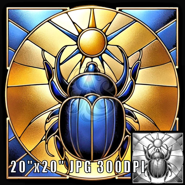 Egyptian Scarab Beetle Stained Glass Pattern Print, Download Digital Art, up to 20"x20", 300DPI  Egyptian Symbol Wall Art, Coloring Sheet