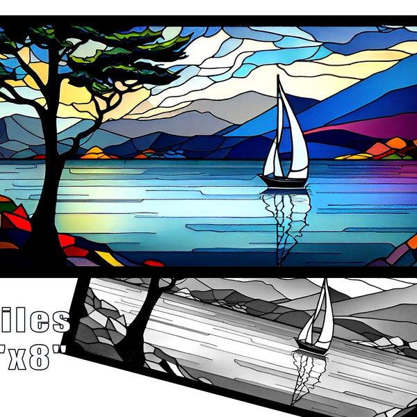 Sailboat on Lake Stained Glass Window Pattern Print, Download Digital Art, 2 Files, 16X8", 300DPI, Stained Glass Art Print, Coloring Page