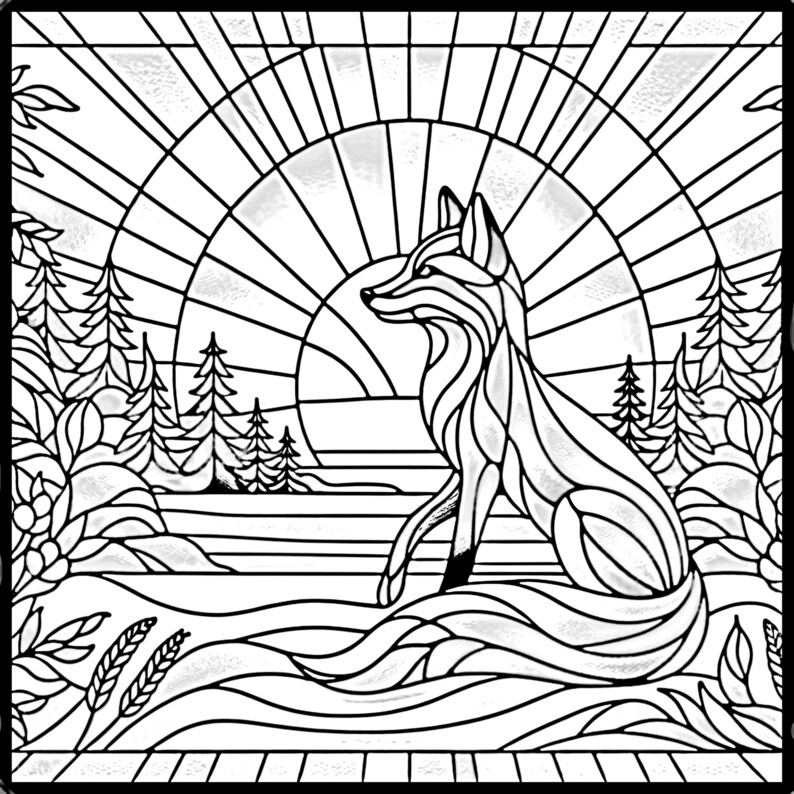 Red Fox on Sunrise Stained Glass Pattern Print Download - Etsy