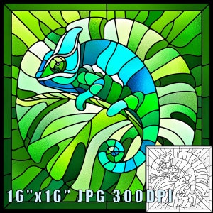 Wzór witrażu „Niebieski zielony kameleon” do druku, pobierz sztukę cyfrową, regulowany 16"x16" 300 DPI, sztuka ścienna, arkusz książki do kolorowania „Kameleon”