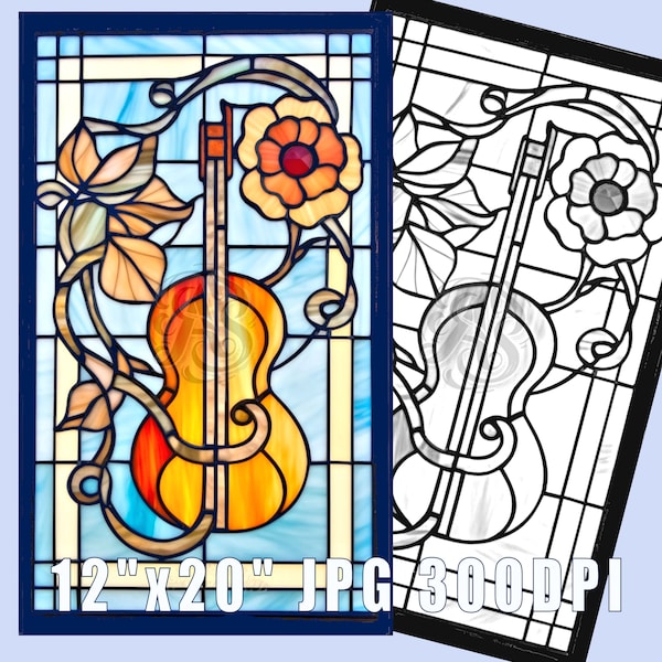 Guitar Floral Stained Glass Pattern Print, Download Digital Art, Adjustable up to 12X20", 300DPI, Guitar Stained Glass Art, Coloring Sheet