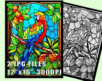 オウムのステンドグラスプリントセット：鮮やかな鳥の絵5枚（デジタル