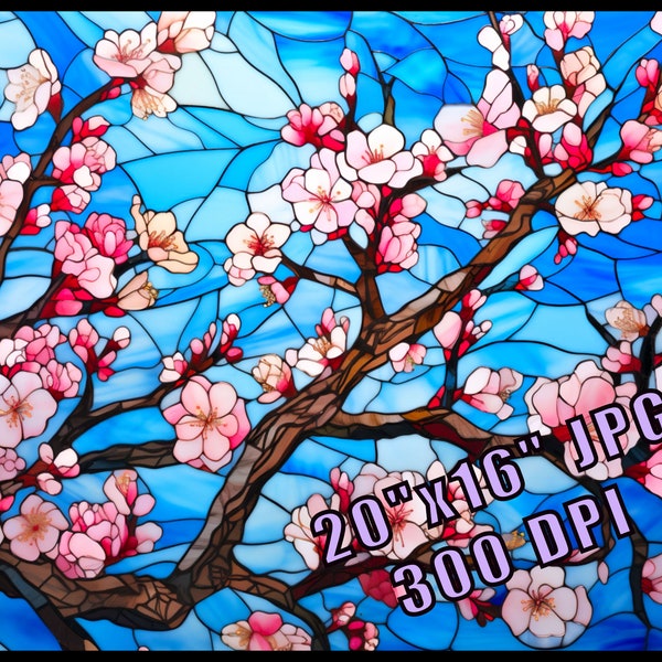 Kirschblüte Blumen Glasmalerei Muster Print Download Digitale Kunst Einstellbar bis 50x40 cm 300DPI, Blumen Wand Kunstdruck, Malbuch