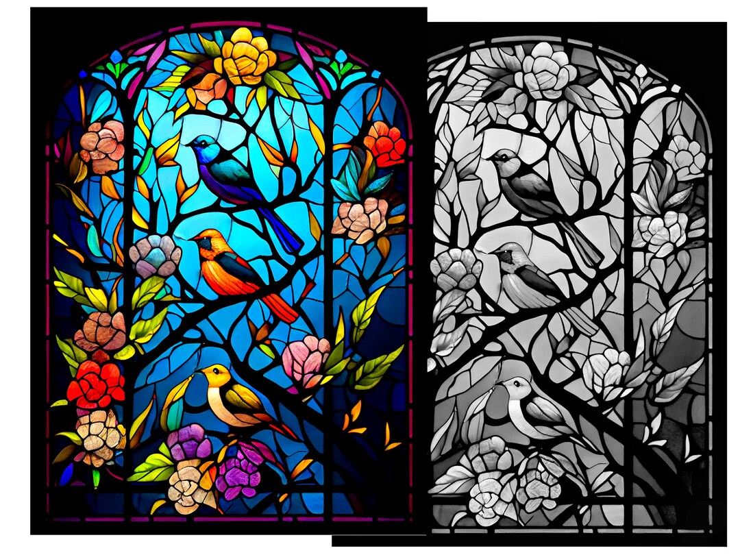 Bird Floral Window Stained Glass Pattern Print, Download Digital Art