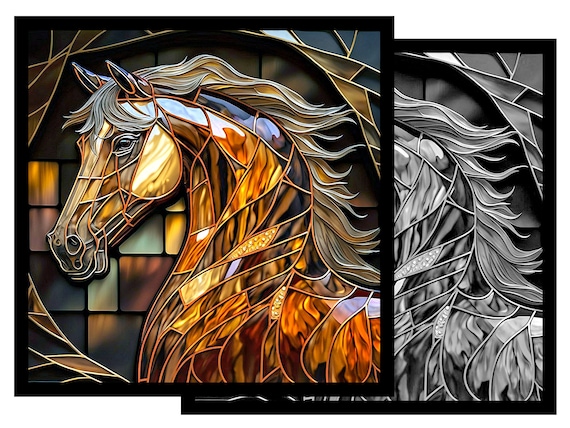 Horse Stained Glass Style Print, Download Digital Art, Adjustable to 12X12" 300DPI, Horse Wall Art Print, Coloring Sheet, Art for Man