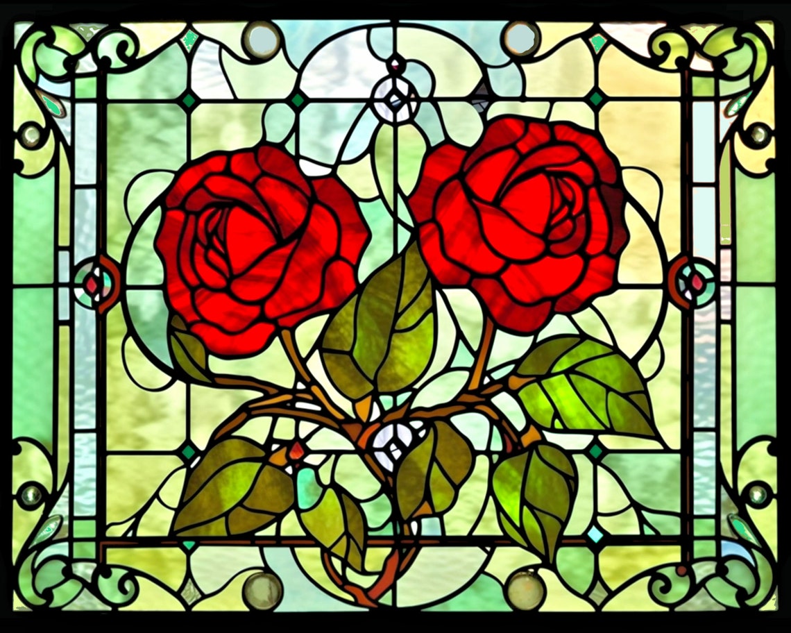 Red Rose Art Deco Stained Glass Window Style Print Download Digital Art ...
