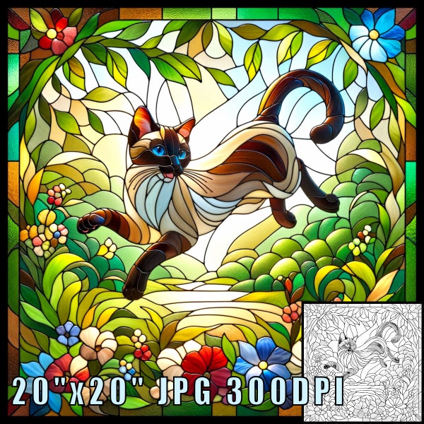 Playful Siamese Cat Stained Glass Pattern Print, Download Digital Art, Adjustable 20"x20" 300DPI, Cat Stained Glass Art Print, Coloring Page