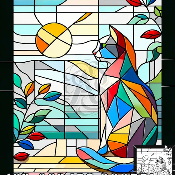 Colorful Cat Stained Glass Pattern Print, Download Digital Wall Art Adjustable Sizes to 16"x20" Print Cat Coloring Book Sheet