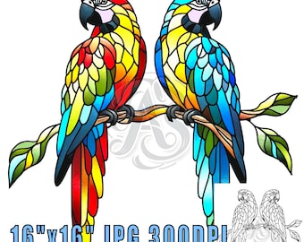 オウムのステンドグラスプリントセット：鮮やかな鳥の絵5枚（デジタル