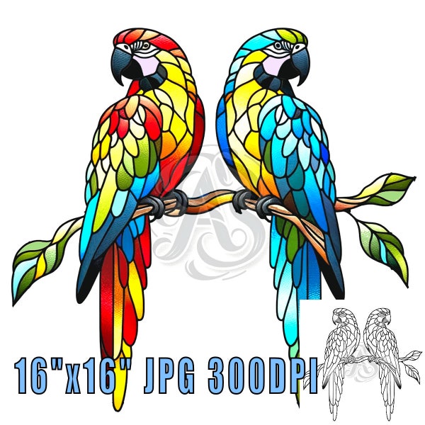 Two Tropical Parrots Stain Glass Pattern Print, JPG Files Stain Glass Digital Arts, 16"x16" Adjustable, Bird Wall Art, Coloring Book Sheet