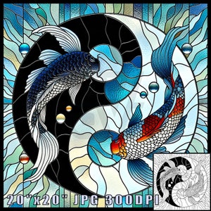 Yin Yang Koi Witraż Styl Wydruku, Pobierz Cyfrową Sztukę, Regulowany 20"x20", 300 DPI, Yin Yang Sztuka Ścienna, Arkusz Książki Do Kolorowania Ryb Koi
