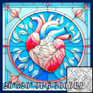 May include: A stained glass design featuring a stylised heart with pink, red, and blue colours. The heart is surrounded by blue and green leaves. The image is 20 inches by 20 inches and has a resolution of 300 DPI.
