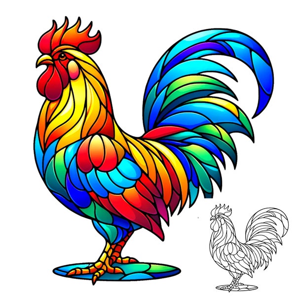 Colorful Rooster Stained Glass Pattern Print, Download Digital Wall Art, up to 16"x16" 300DPI, Rooster Stained Glass Art Print Coloring Page