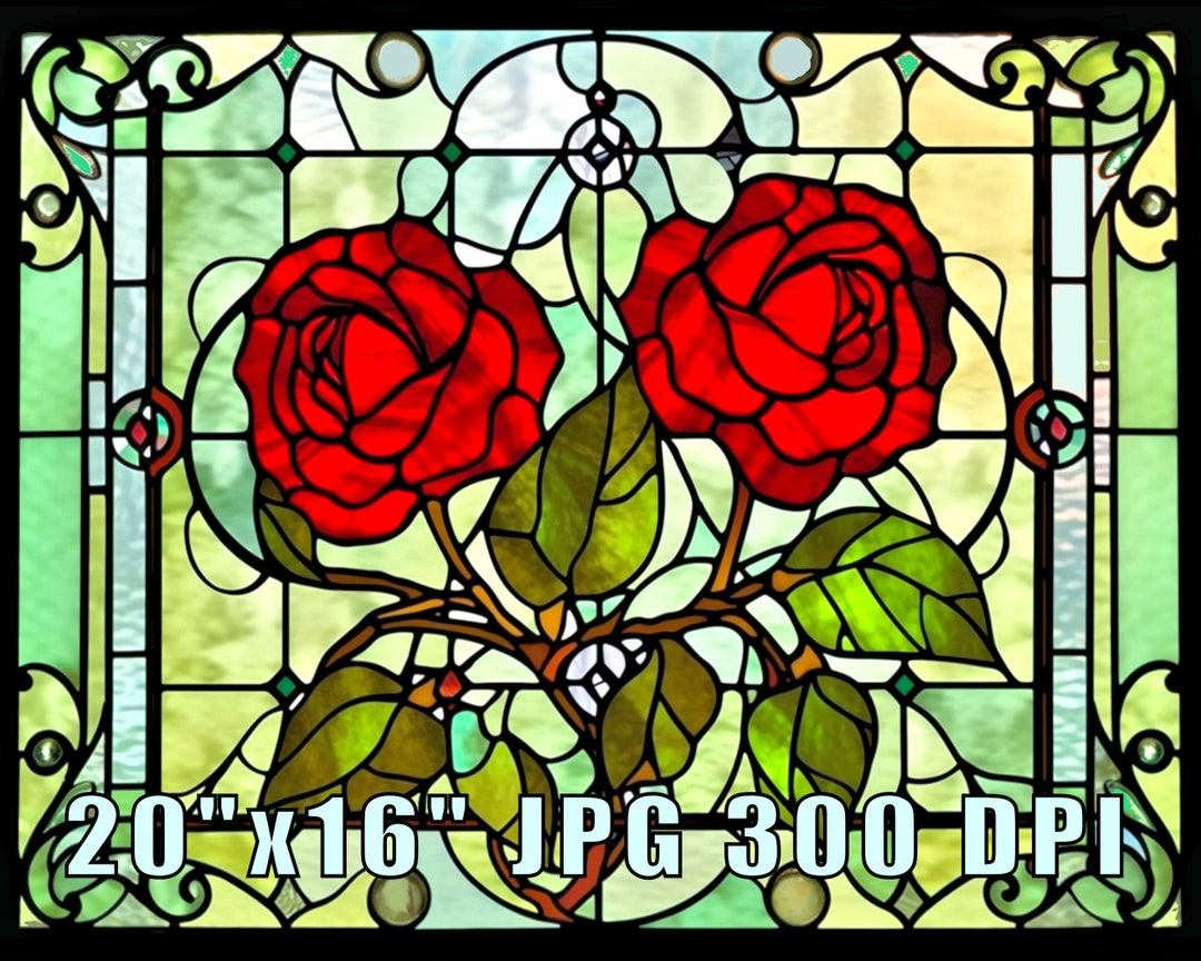 Red Rose Art Deco Stained Glass Window Style Print Download Digital Art ...