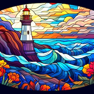 Impression de style vitrail Light House, téléchargement d'art numérique, réglable à 20 x 15 po, 300 ppp, impression d'art paysage vitrail