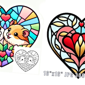 May include: Two cartoon hamsters in a stained glass heart with a colourful floral design. The heart is surrounded by a white background.