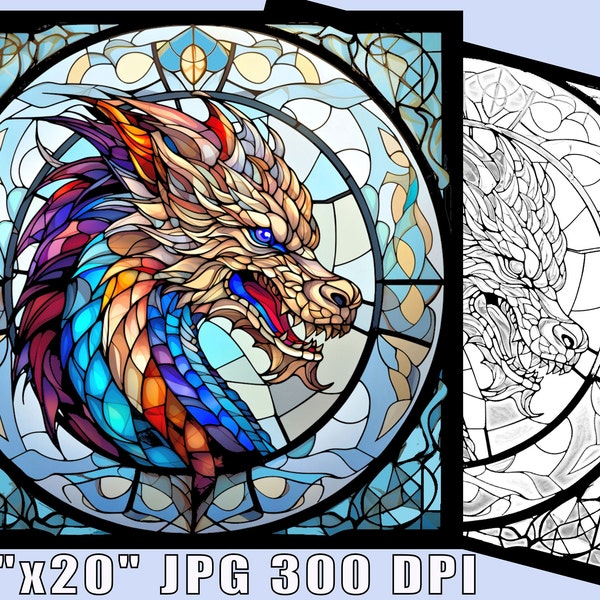 Colorful Dragon Stained Glass Pattern Print, Download Digital Wall Art, up to 20"x20" 300DPI, Dragon Stained Glass Art Print Coloring Page