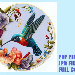 Kolibri Blumen Embroidery Muster Print DIY Hand Embroidery JPG & PDF Digital Download Einstellbar 40x40cm Pfau Wand Kunst