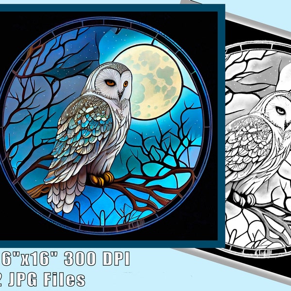 Owl under Moon Stained Glass Pattern Print Download Digital Art Adjustable to 16"x16", 300DPI, full Moon and Snowy Owl Art Coloring Book