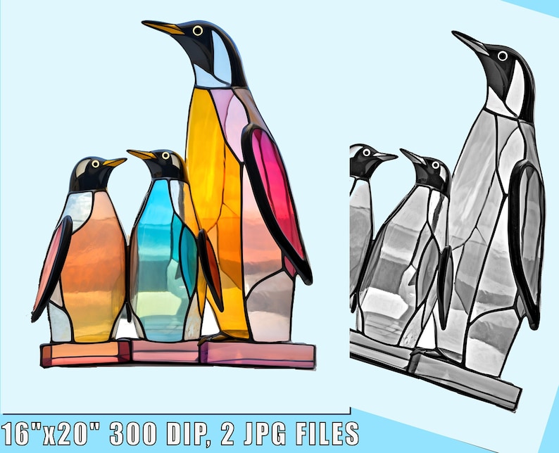 Op de afbeelding: Een kunstwerk van glas-in-lood dat vier pingu&iuml;ns in een familiegroep toont. De pingu&iuml;ns zijn in verschillende kleuren, waaronder oranje, geel, blauw en roze. Het kunstwerk is 16 inch bij 20 inch en heeft een resolutie van 300 DPI.