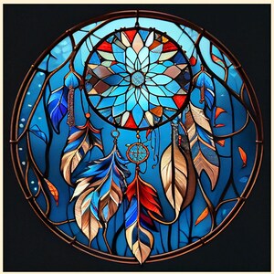 May include: A stained glass dreamcatcher with blue, red, and white feathers. The dreamcatcher is circular and has a beaded center.