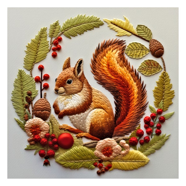 Red Squirrel Embroidery Pattern Print DIY Hand Embroidery JPG Digital Download Adjustable 20"x20"" Squirrel Wall Art Print, Xmas Wall Art