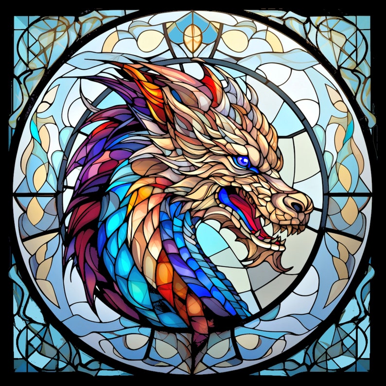 Colorful Dragon Stained Glass Pattern Print, Download Digital Wall Art
