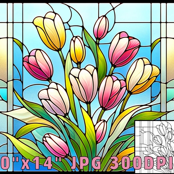 Tulip Floral Stained Glass Pattern Print, Download Digital Art, 2 Files 20"x14" 300DPI Flower Stained Glass Art Print, Tulip Coloring Page