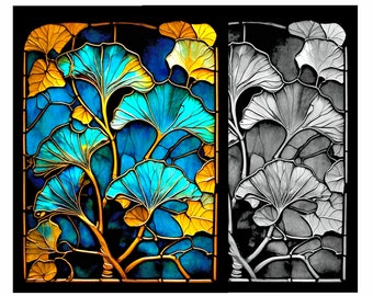 Ginkgo Leaf Stained Glass Style Print, Download Digital Art, Adjustable up to 12X16&quot;, 300DPI, Ginkgo Stained Glass Art, Coloring Sheet