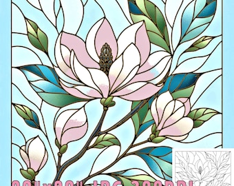 Magnolia Flower Stained Glass Style Print, Download Digital Art, 3 Files 20&quot;x20&quot; 300DPI Flower Stained Glass Art Print, Coloring Page