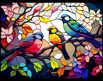 Kleurrijke vogel gebrandschilderd glasstijlprint, download digitale kunst, verstelbaar tot 20 x 15 inch, 300 dpi, vogels en boom gebrandschilderd glaskunstprint