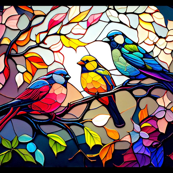 Colorful Bird Stained Glass Pattern Print, Download Digital Art, Adjustable up to 20"x15", 300DPI, Birds and Tree Stained Glass Art Print