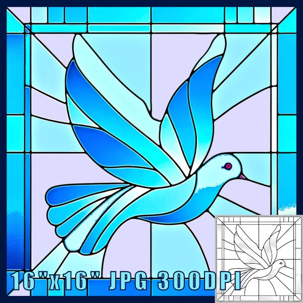 Dove Peace Stained Glass Style Prints, Download Digital Art, Adjustable 16"x16" Files, 300DPI, Bird Wall Arts, Coloring Book Page Wall Art