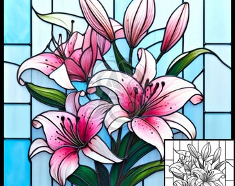 Pink Lily Flower Stained Glass Style Print, Download Digital Art, 2 Files 20&quot;x20&quot; 300DPI Flower Stained Glass Art Print, Coloring Page DIY