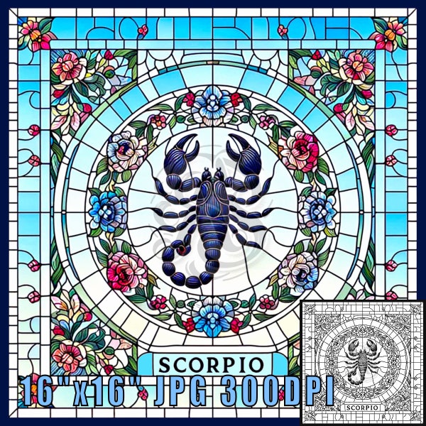 Zodiac Sign Scorpio Stained Glass Pattern Prints Personalized Digital Arts Square 16"x16" JPG, Astrological Wall Arts Zodiac Coloring Book