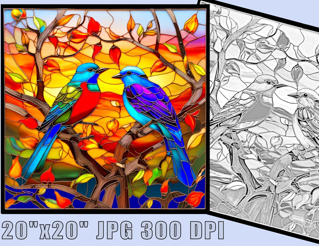 Blue Bird Floral Stained Glass Style Print, Download Digital Art, 2 ...