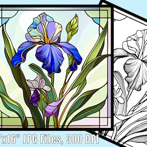 May include: A stained glass design featuring a vibrant iris flower in shades of blue, purple, and yellow, with green leaves and buds. The artwork is framed and includes the text "16"x16" JPG Files, 300 DPI".