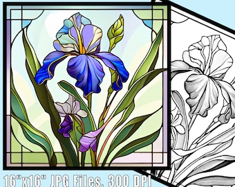 Close Up Iris Flower Stained Glass Style Print Download Digital Art Adjustable to 16"x16", 300DPI, Tennessee Irises Wall Art Coloring Book