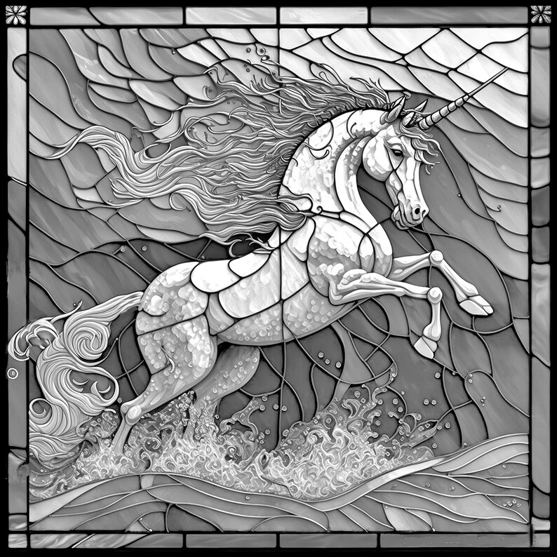 Unicorn Stained Glass Pattern Print, Download Digital Art, Adjustable
