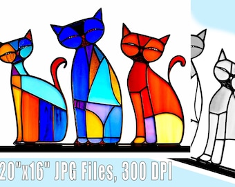 Kattenfamilie gebrandschilderd glas stijl print downloaden digitale muurkunst verstelbare maten tot 20 x 16 inch kat kleurboek blad, muurkunst print