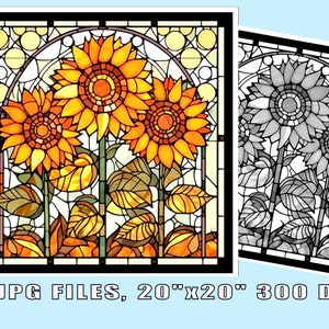 Beautiful Sunflower Stained Glass Pattern Print, Download Digital Art, up to 20&quot;x20&quot;, 300DPI, Coloring Sheet