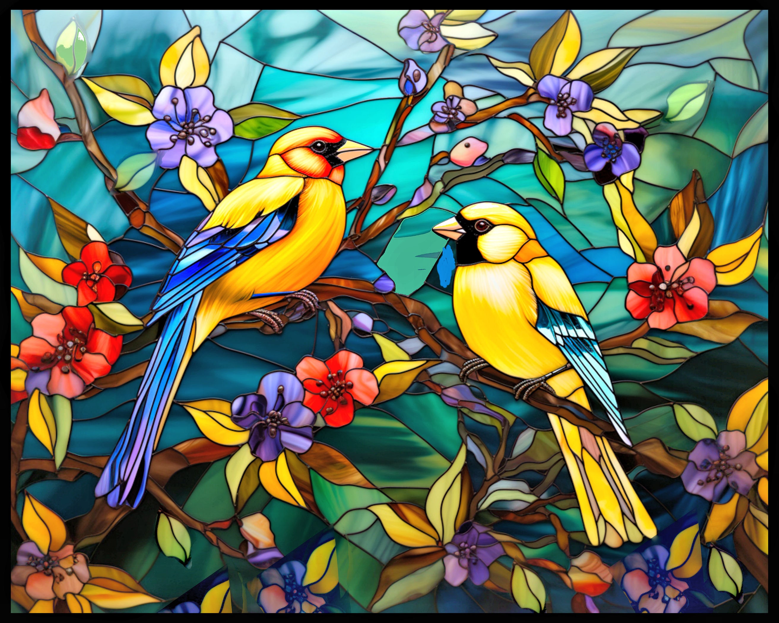 Goldfinch Bird Floral Stained Glass Style Print, Download Digital Art ...